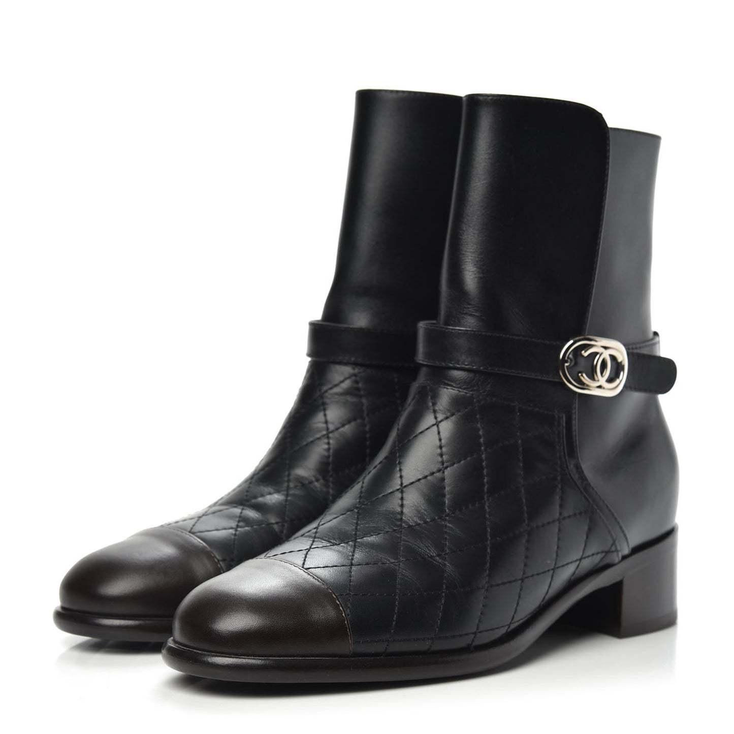 Calfskin Quilted Cap Toe Boots 37.5 Black Brown