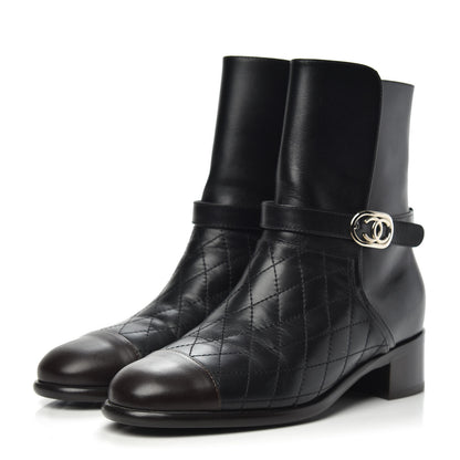 Chanel Calfskin Quilted Cap Toe Boots 37.5 Black Brown 3 of 9