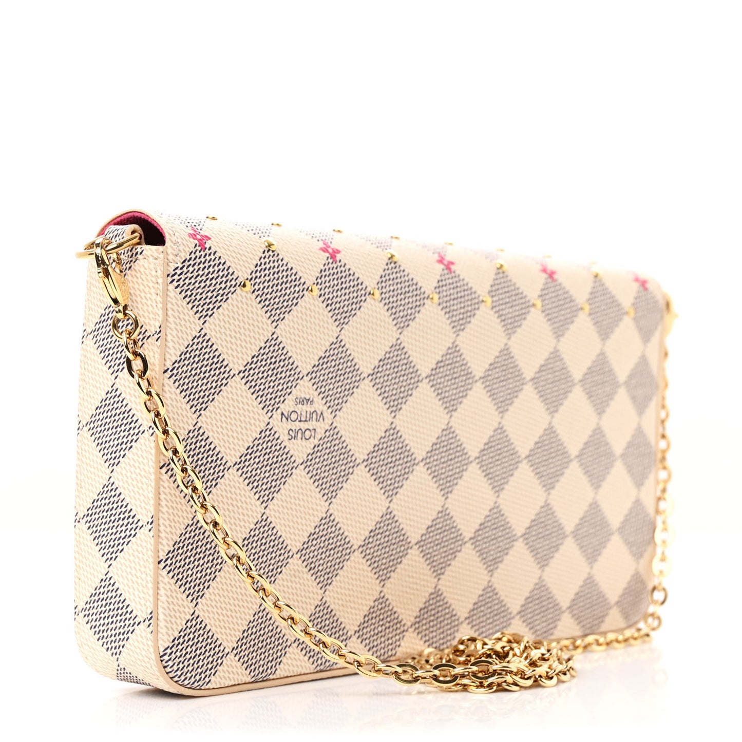 Damier Azur Studded Pochette Felicie Chain Wallet Fuchsia