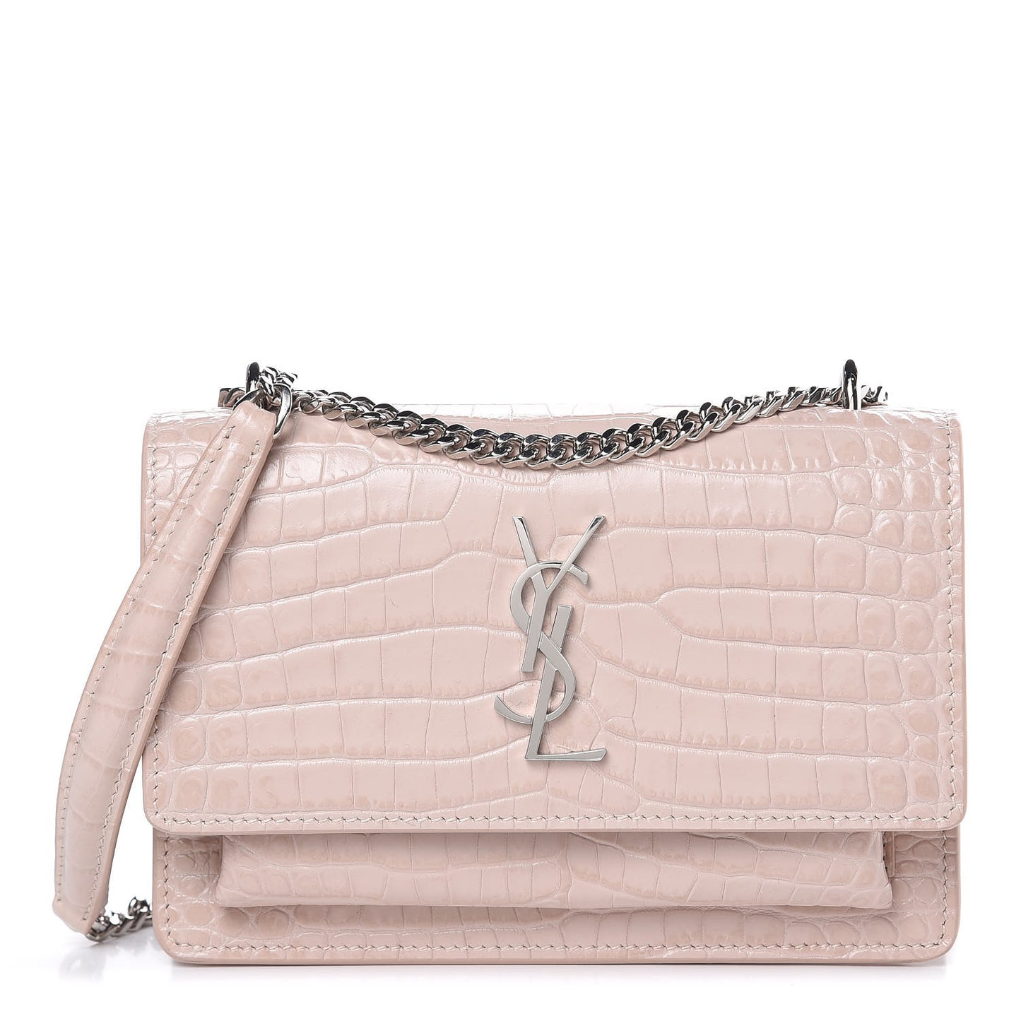 Calfskin Crocodile Embossed Monogram Sunset Chain Wallet Rose Antic