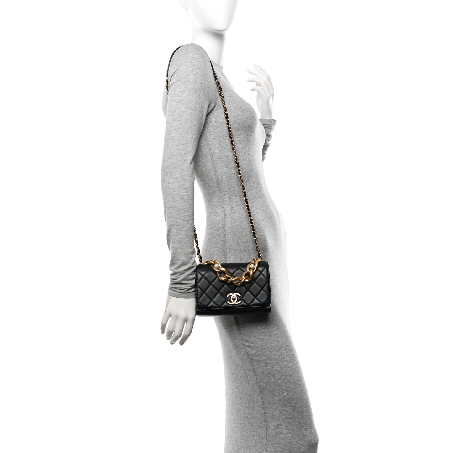 Calfskin Quilted Pearl Jewel Chain Flap Black