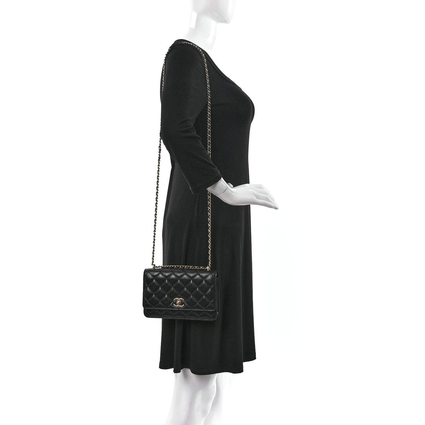 Shiny Lambskin Quilted Dynasty Wallet On Chain WOC Black