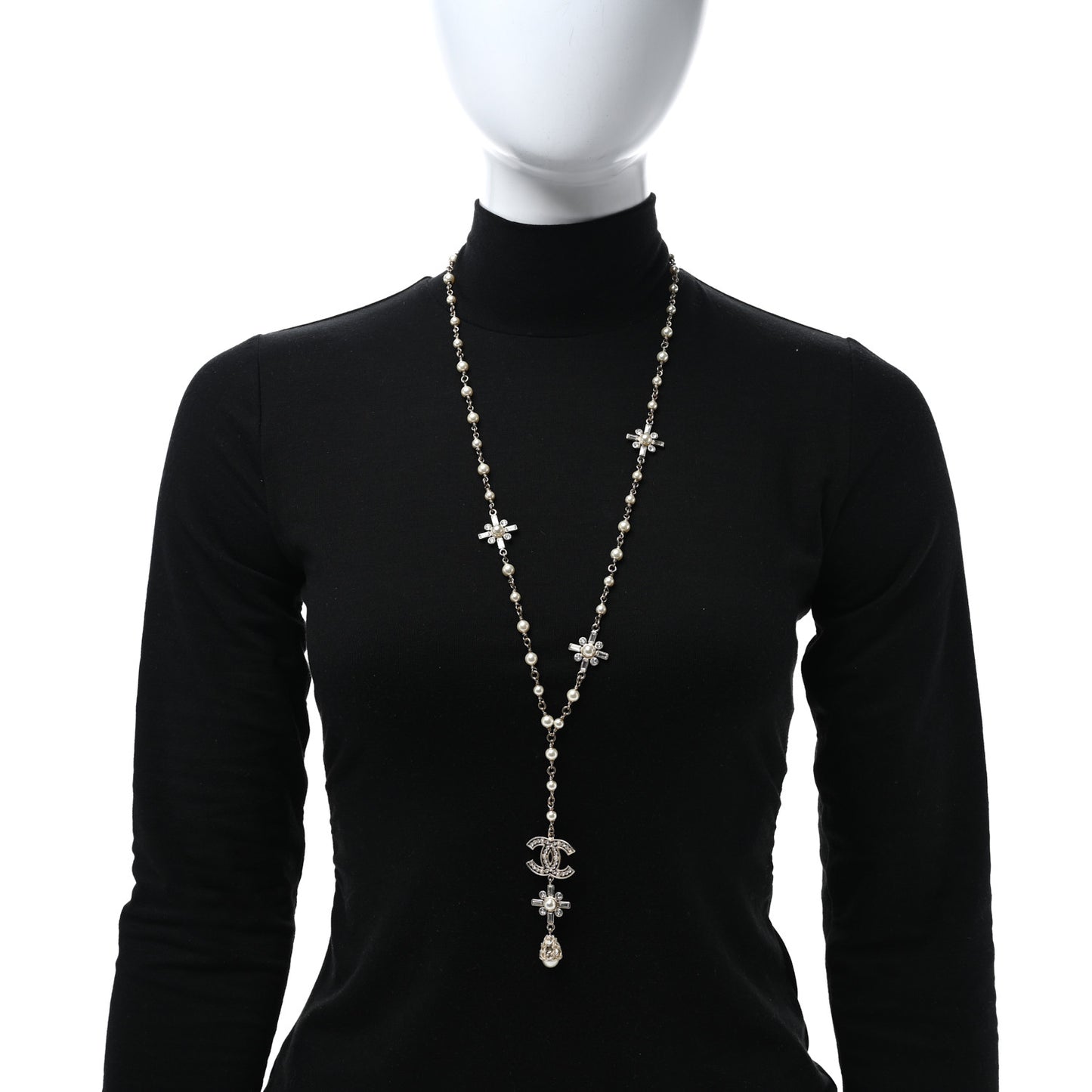 Crystal Baguette Pearl CC Cross Drop Necklace Gold