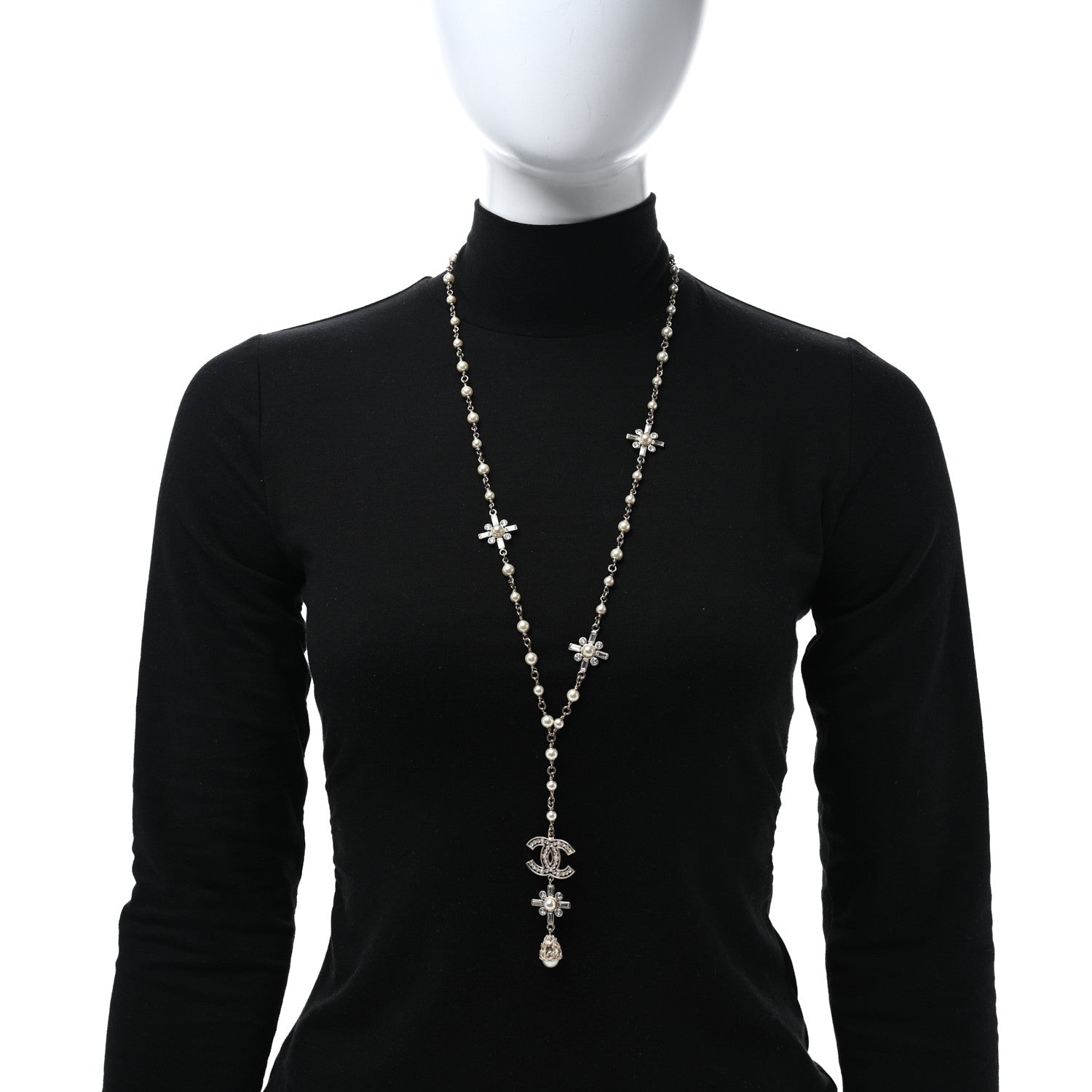 Chanel Crystal Baguette Pearl CC Cross Drop Necklace Gold 2 of 5