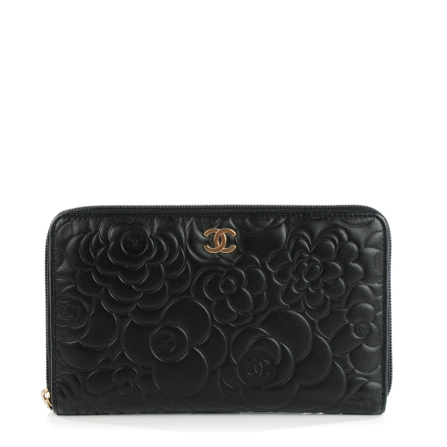 Chanel Lambskin Camellia Embossed Large Zip Around Gusset Wallet Black 1 of 8