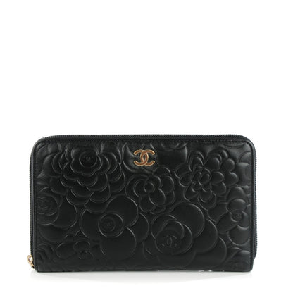 Chanel Lambskin Camellia Embossed Large Zip Around Gusset Wallet Black 1 of 8