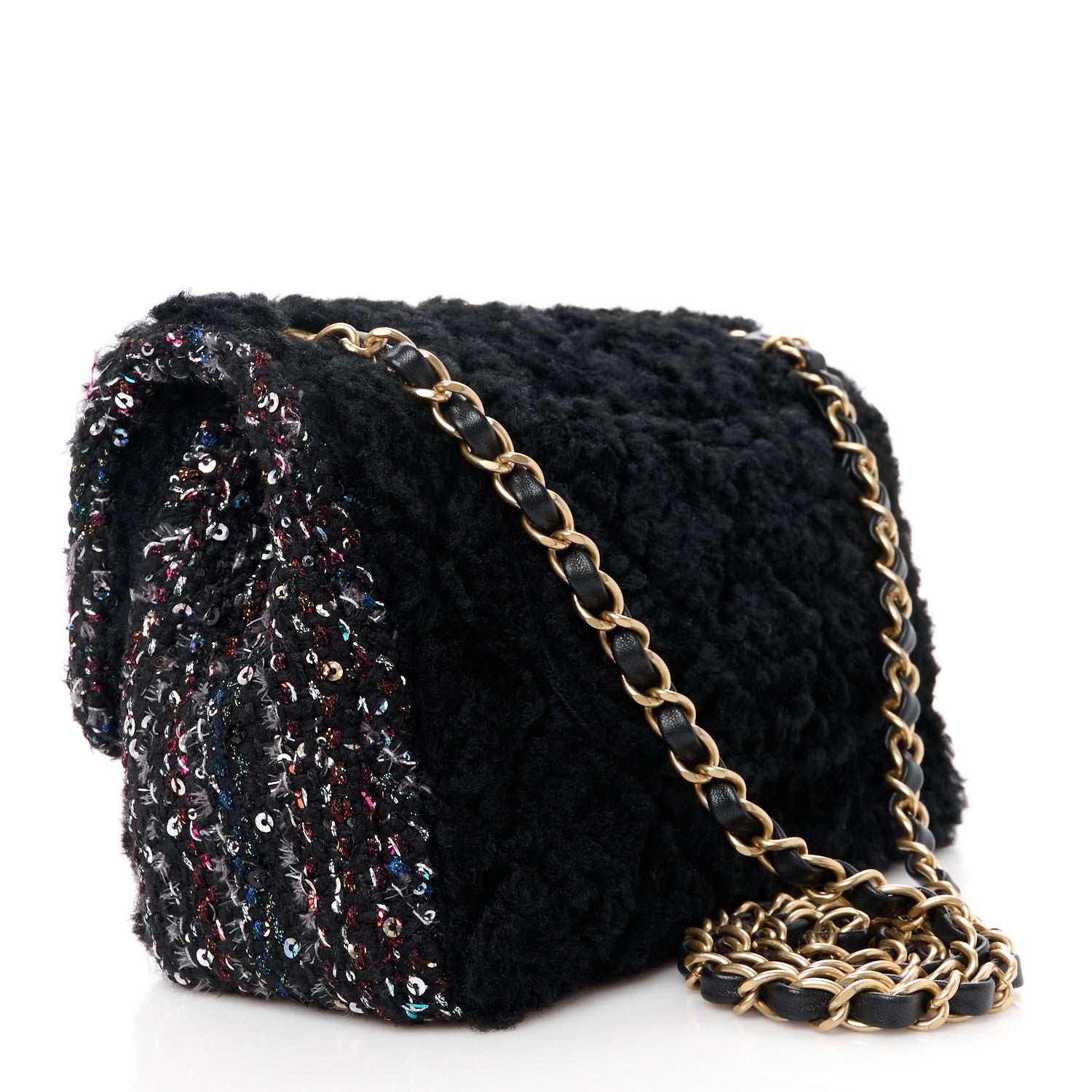 Chanel Shearling Sheepskin Tweed Quilted Single Flap Black 3 of 12