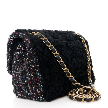 Chanel Shearling Sheepskin Tweed Quilted Single Flap Black 3 of 12