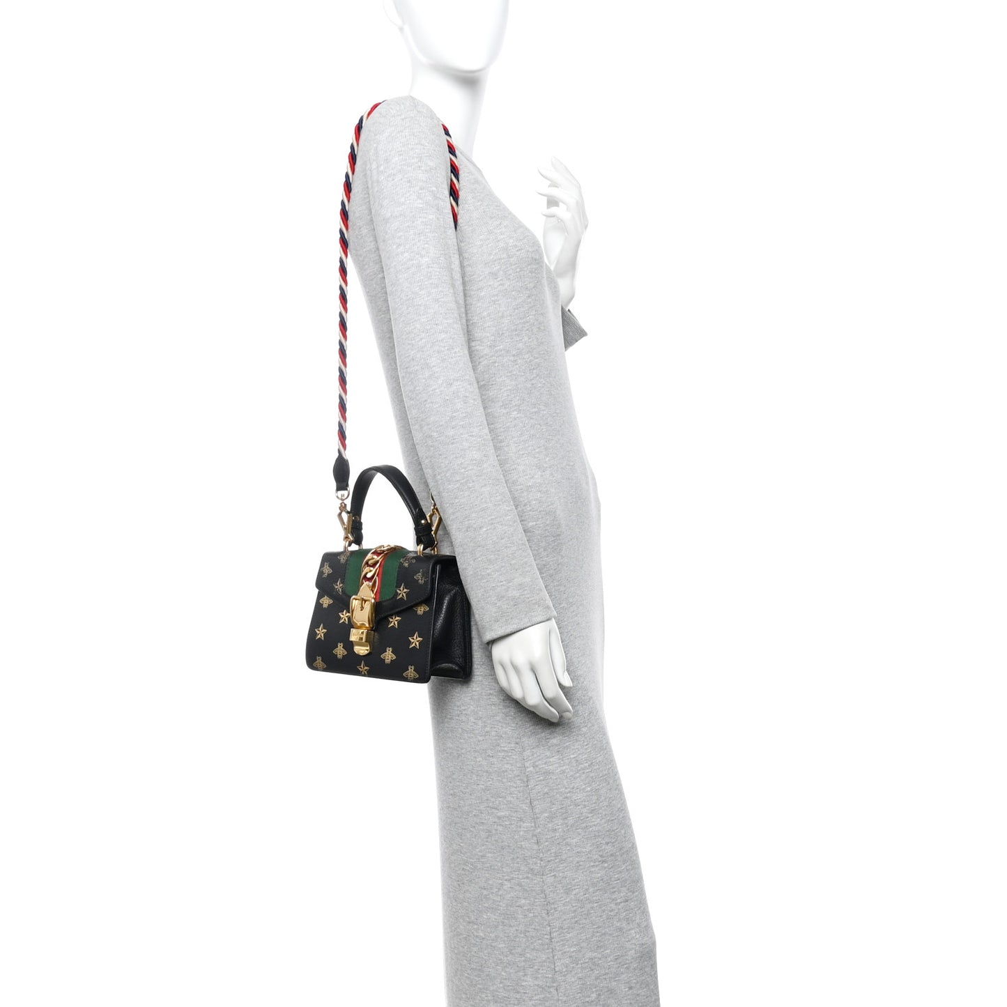 Textured Calfskin Bee Star Print Mini Sylvie Top Handle Bag Black