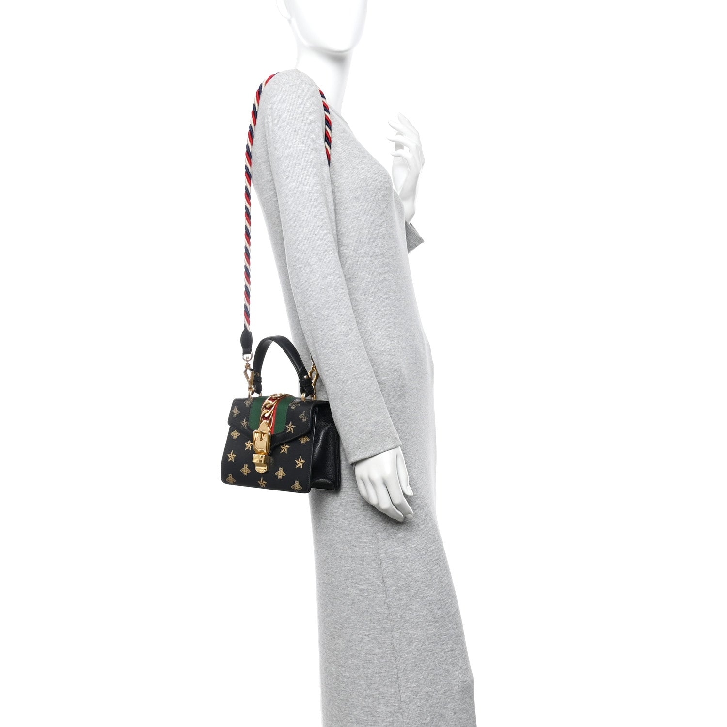 Gucci Textured Calfskin Bee Star Print Mini Sylvie Top Handle Bag Black 2 of 10
