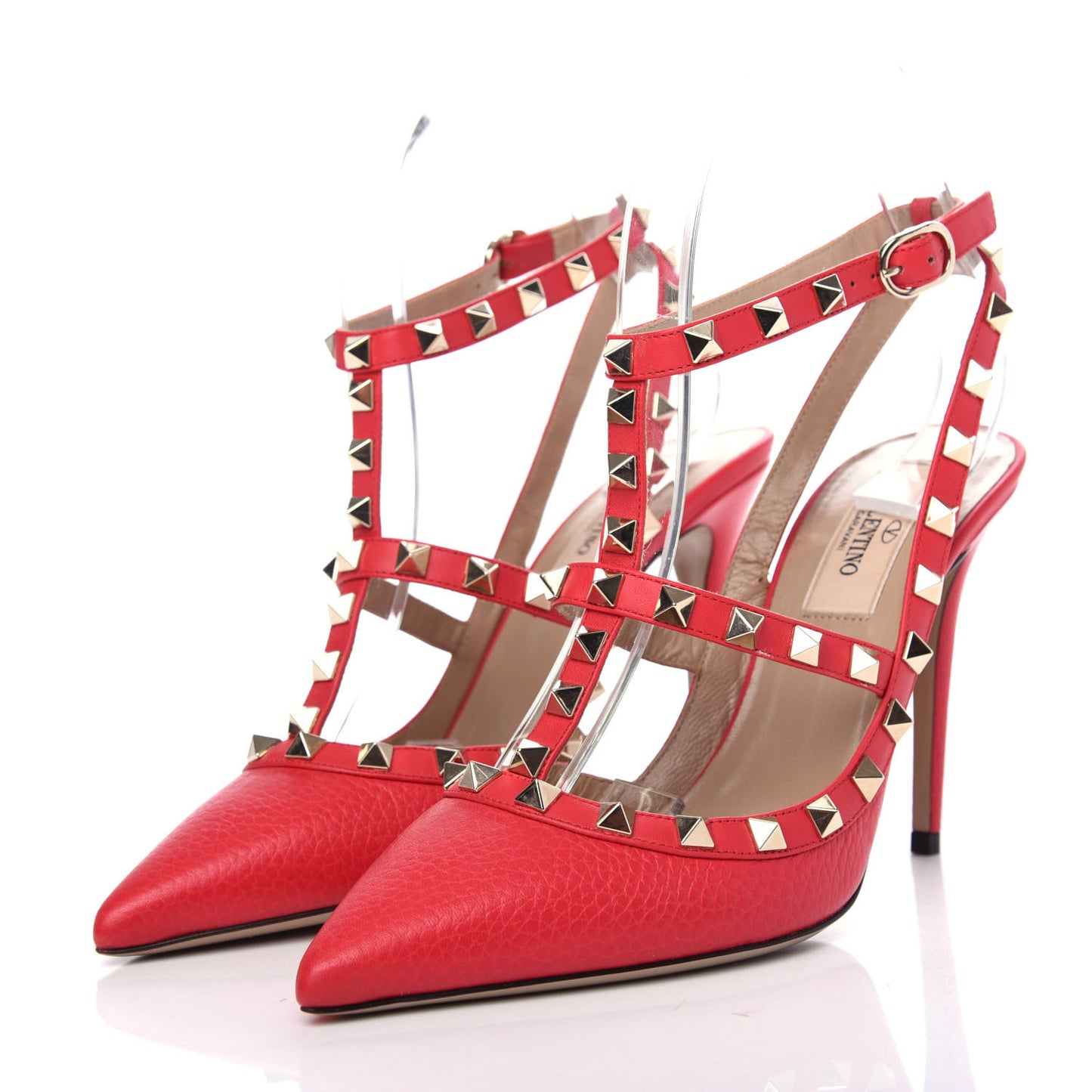 Pebbled Calfskin Rockstud Ankle Strap Pumps 37 Raspberry