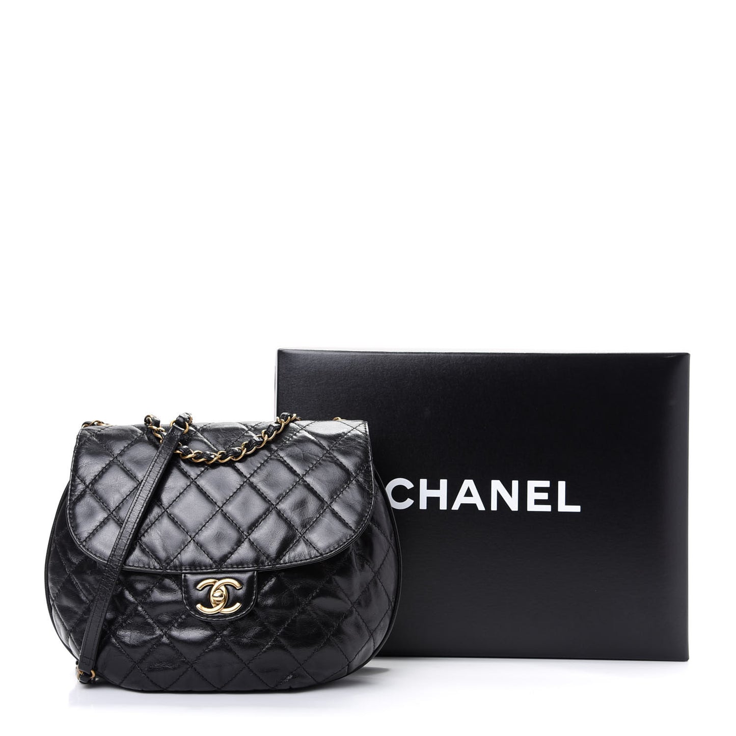 Glazed Calfskin Quilted Medium Bubble CC Flap Black