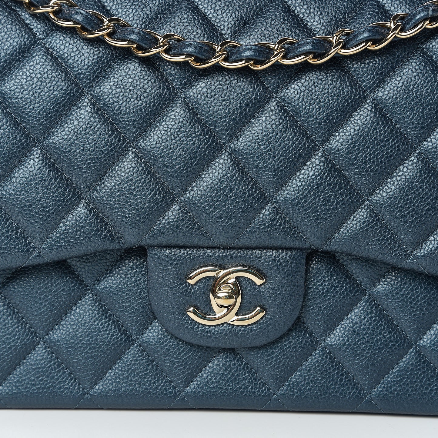 Iridescent Caviar Quilted Jumbo Double Flap Dark Blue