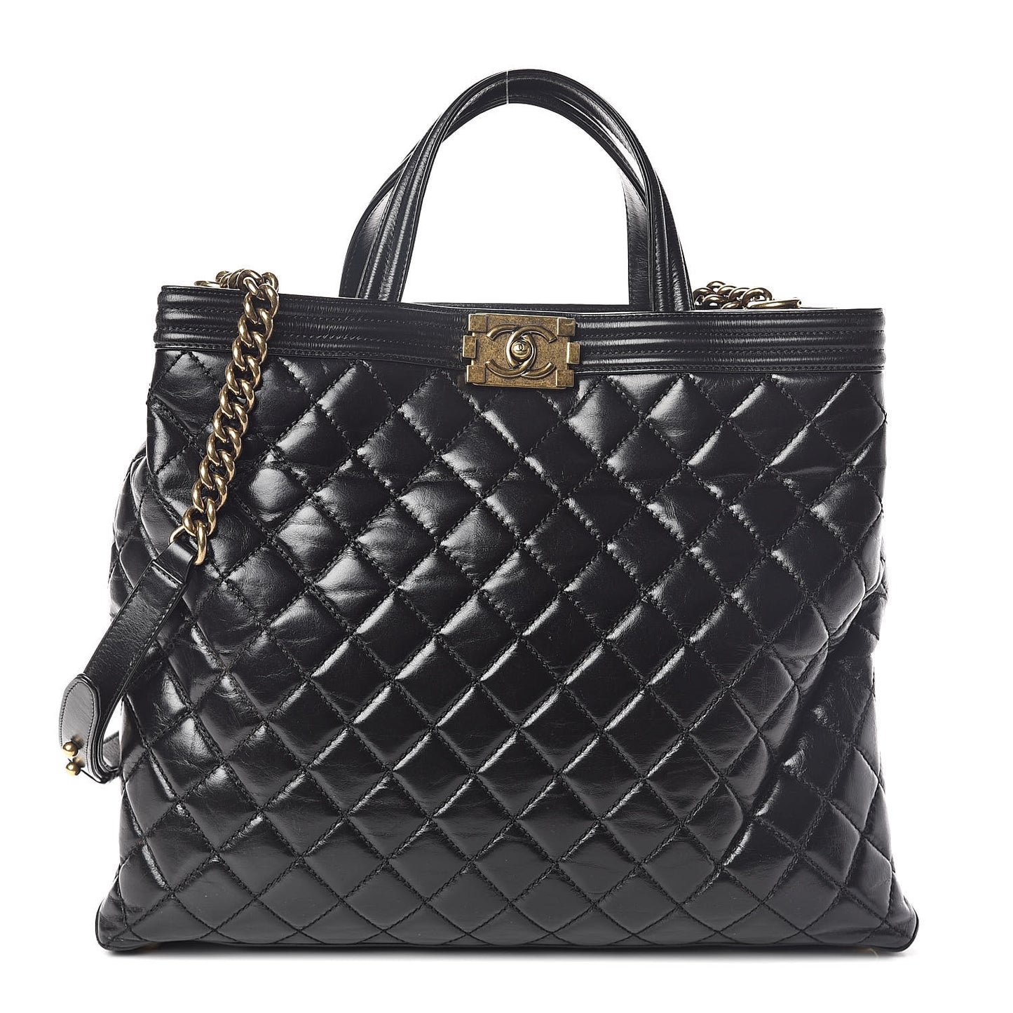 Glazed Calfskin Quilted Large Boy Tote Black