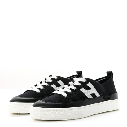 Hermes Knit Fabric Calfskin Deep Sneakers 36.5 Black White 4 of 9