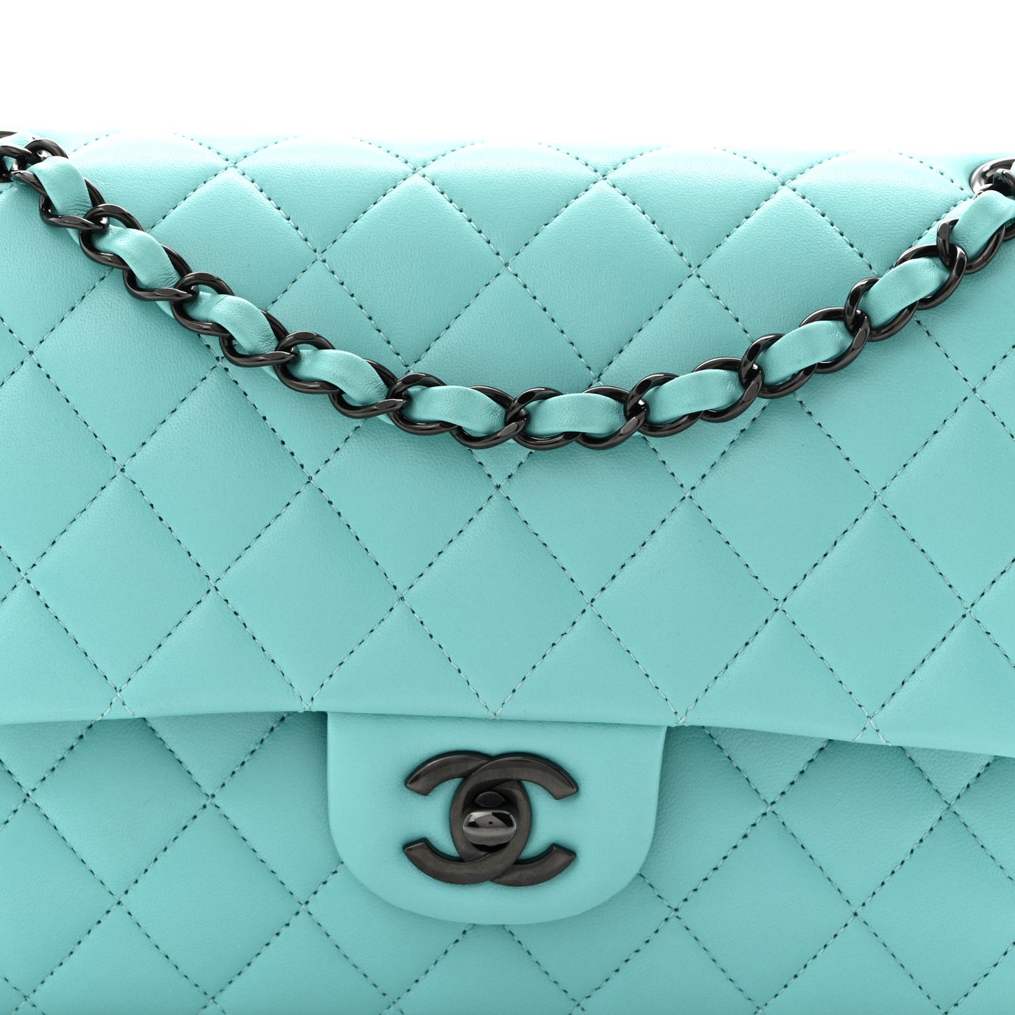 Lambskin Quilted Medium Double Flap Light Blue