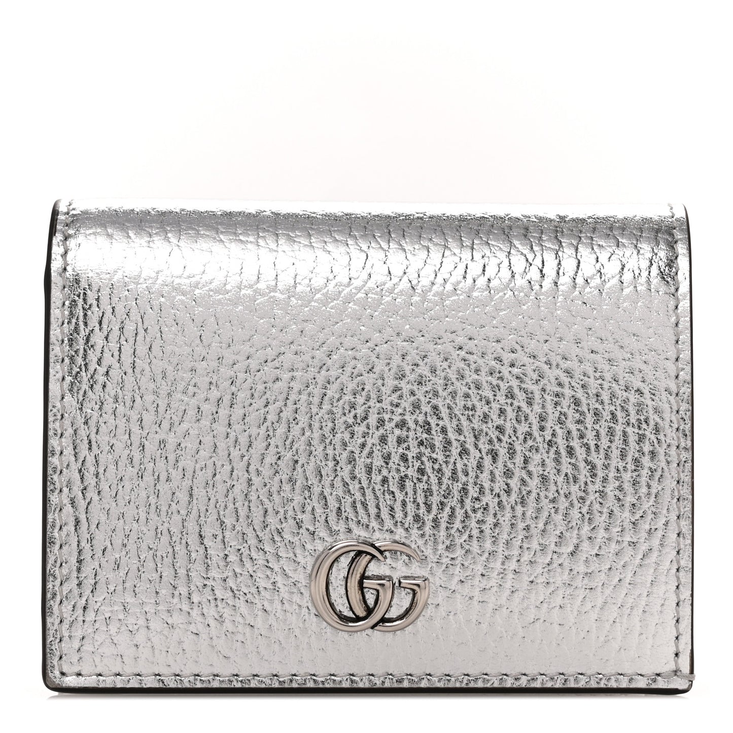 Metallic Calfskin GG Marmont Card Case Silver