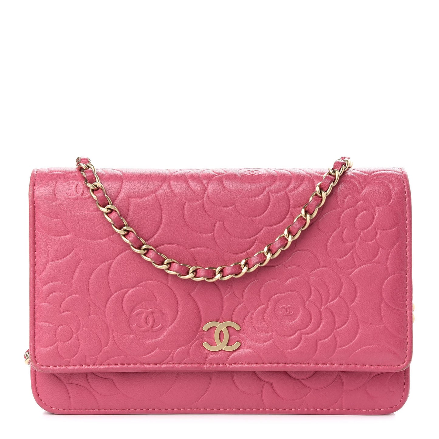 Lambskin Camellia Embossed Wallet On Chain WOC Pink