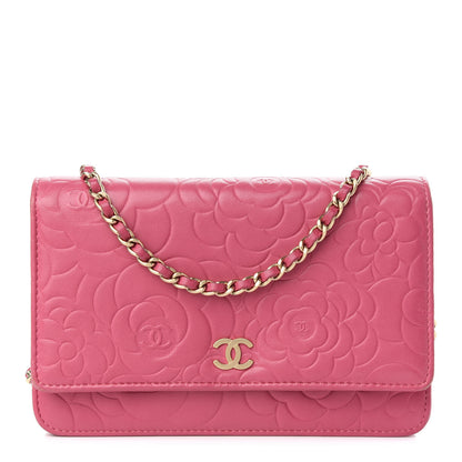 Chanel Lambskin Camellia Embossed Wallet On Chain WOC Pink 1 of 10
