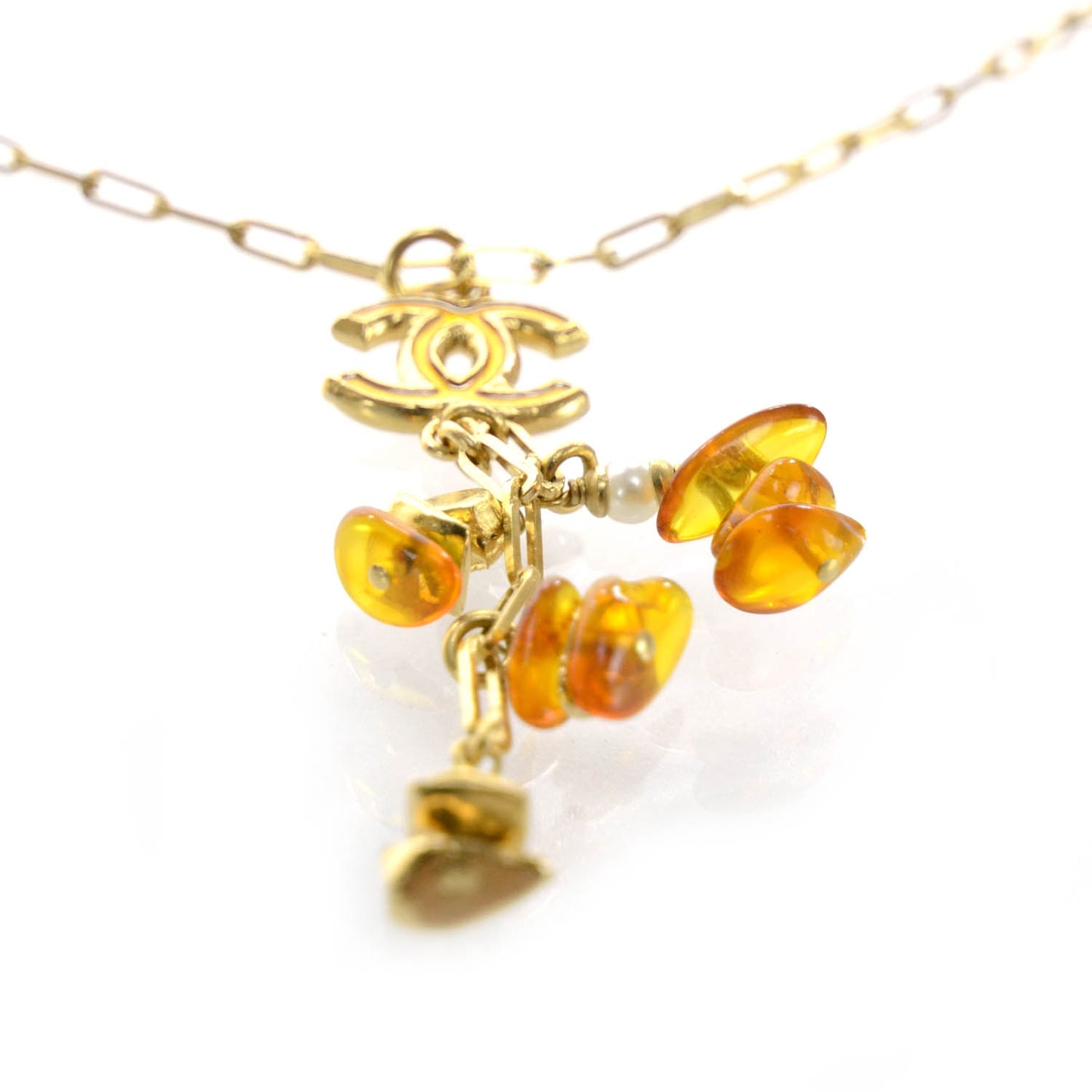 Hand Enameled Metal Amber Drop CC Necklace Gold