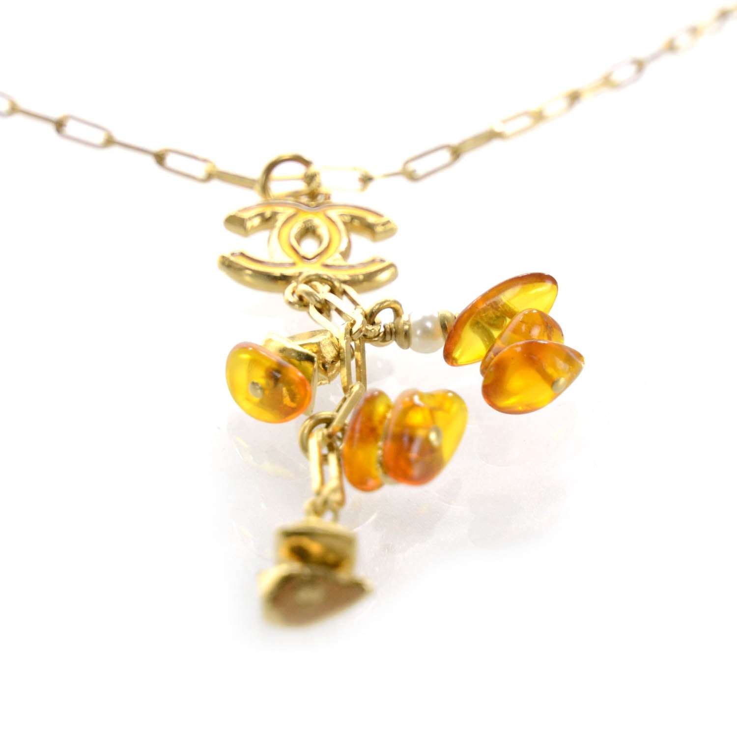 Chanel Hand Enameled Metal Amber Drop CC Necklace Gold 3 of 6
