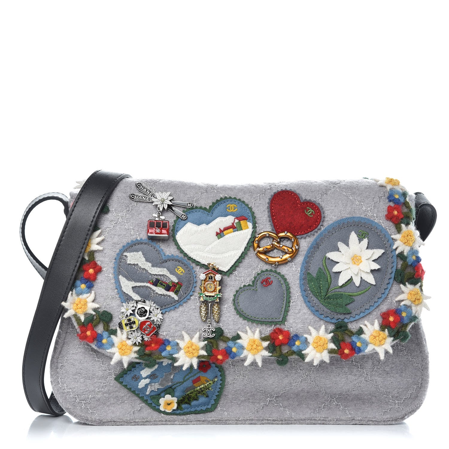Chanel Felt Embroidered Small Crest Austrian Satchel Light Grey 1 of 9