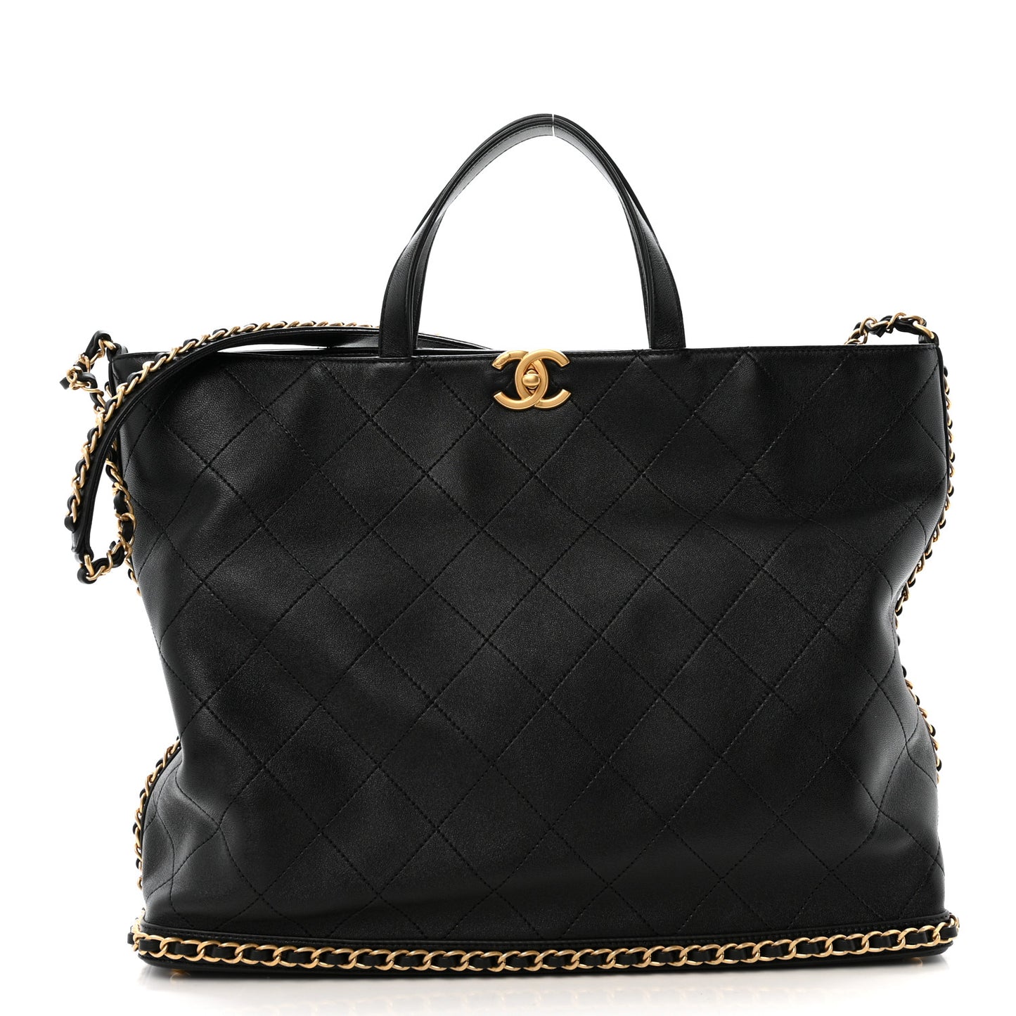 Shiny Lambskin Quilted Chain Around Shopping Tote Black
