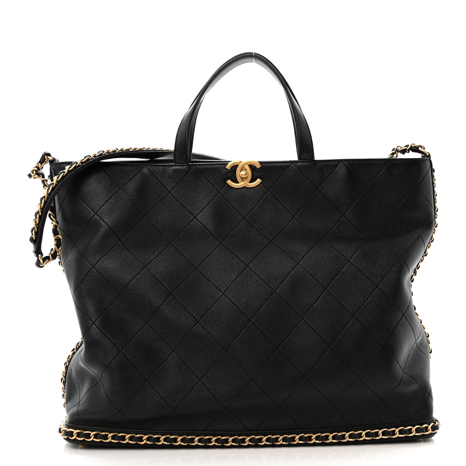 Chanel Shiny Lambskin Quilted Chain Around Shopping Tote Black 1 of 12