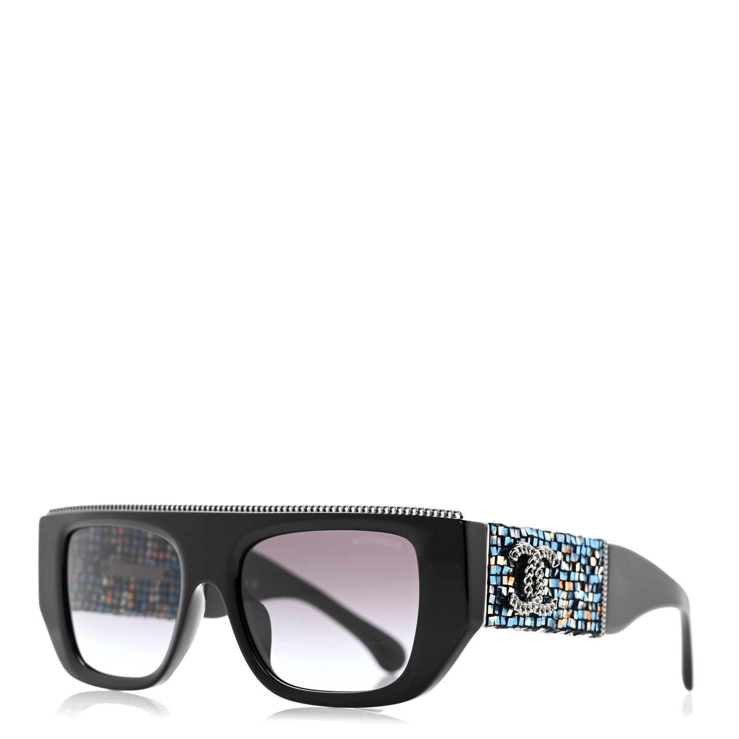 Chanel Acetate Tweed Diamanté Chain CC Rectangle Sunglasses 71549A Black Multicolor 1 of 9