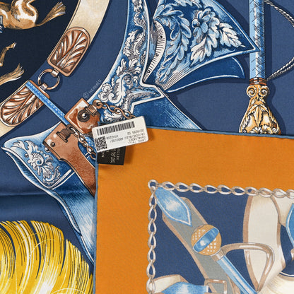 Hermes Silk Cavalcades Scarf 90 Ocre Bleu Ardoise Brun 3 of 4