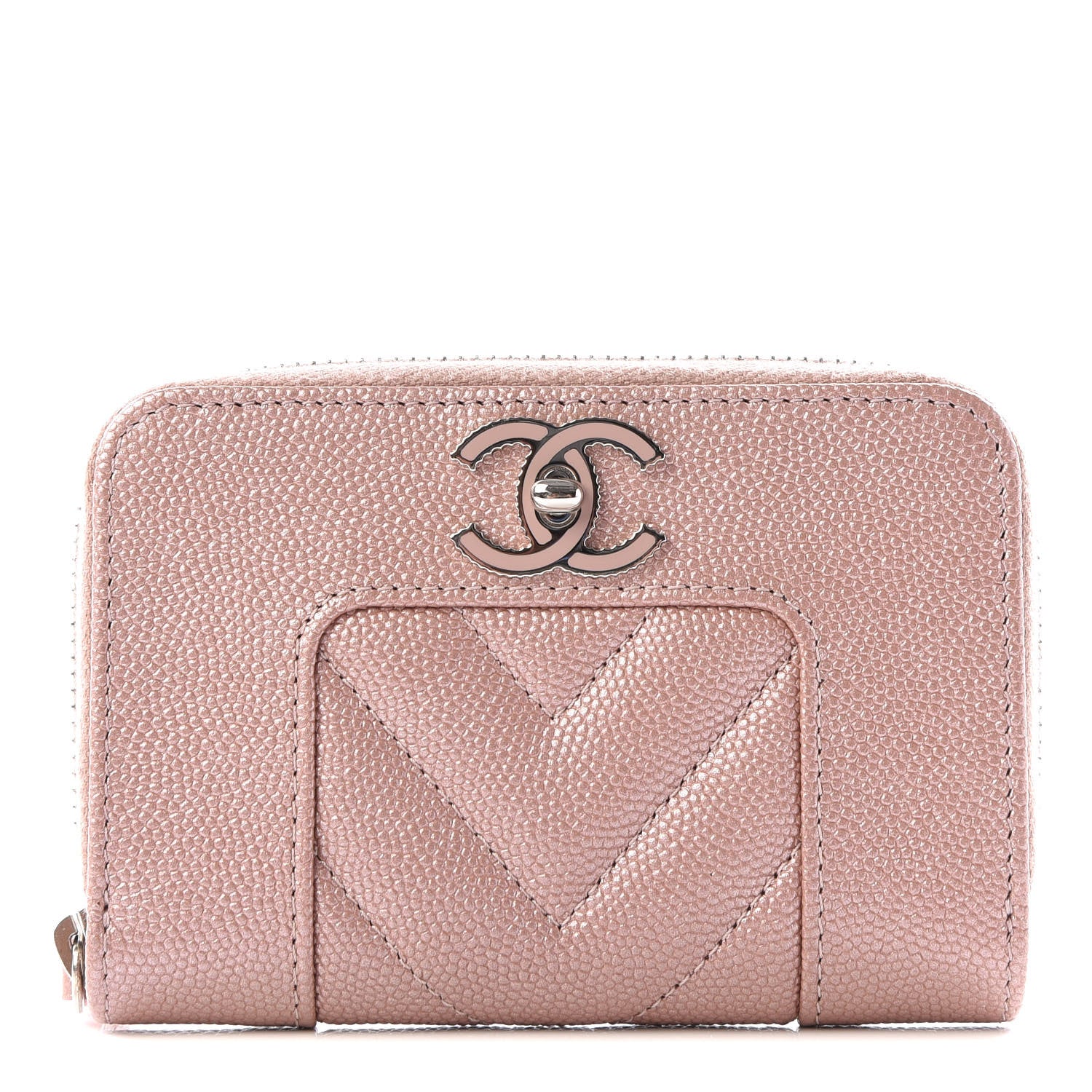 Chanel Metallic Caviar Chevron Quilted Vintage Mademoiselle Zip Coin Purse Pink 1 of 10