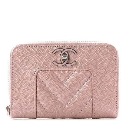 Chanel Metallic Caviar Chevron Quilted Vintage Mademoiselle Zip Coin Purse Pink 1 of 10