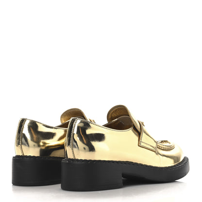 Prada Metallic Brushed Calfskin Metal Triangle Logo 50mm Loafers 37.5 Platino 5 of 10