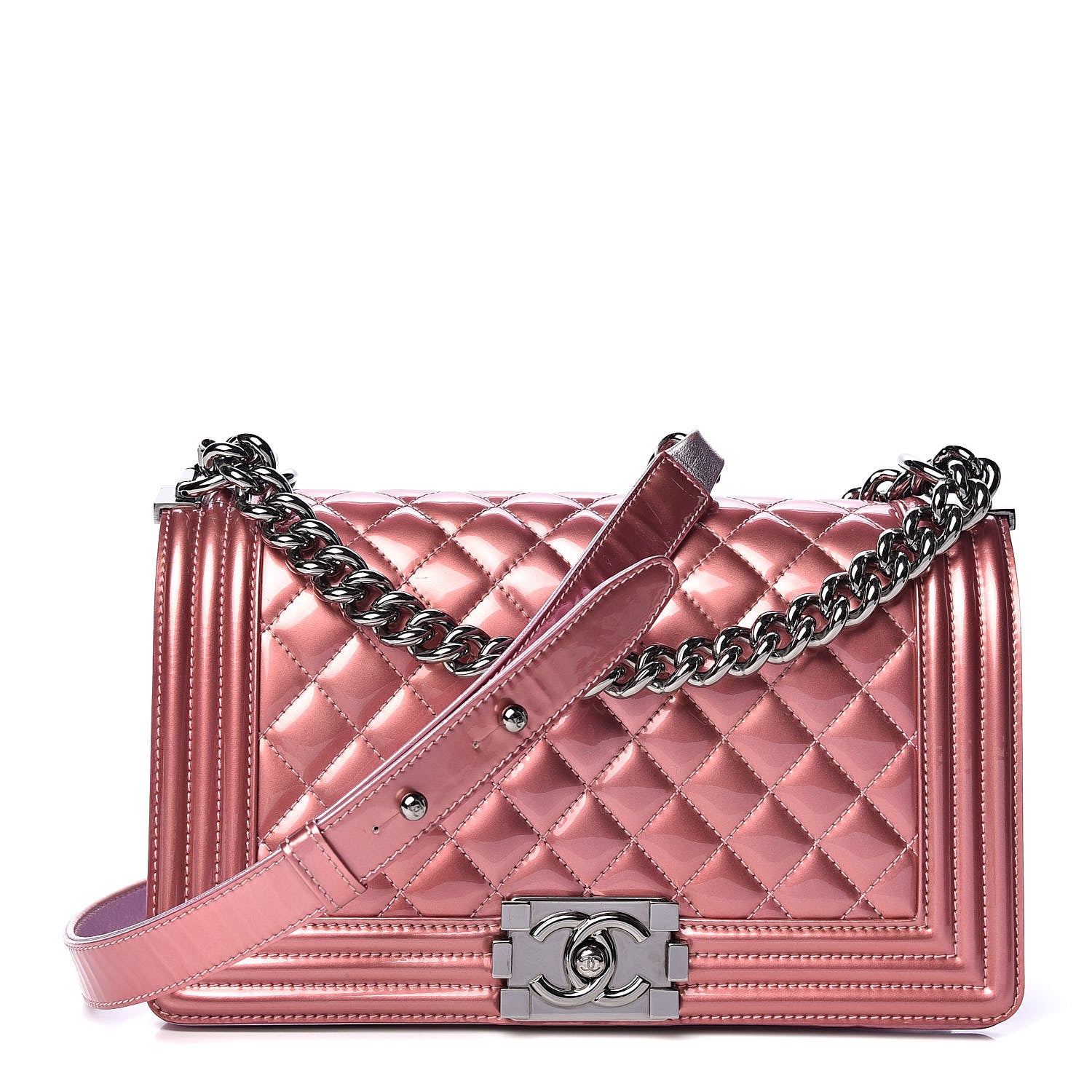 Chanel Metallic Patent Calfskin Quilted Medium Boy Flap Light Pink 1 of 17
