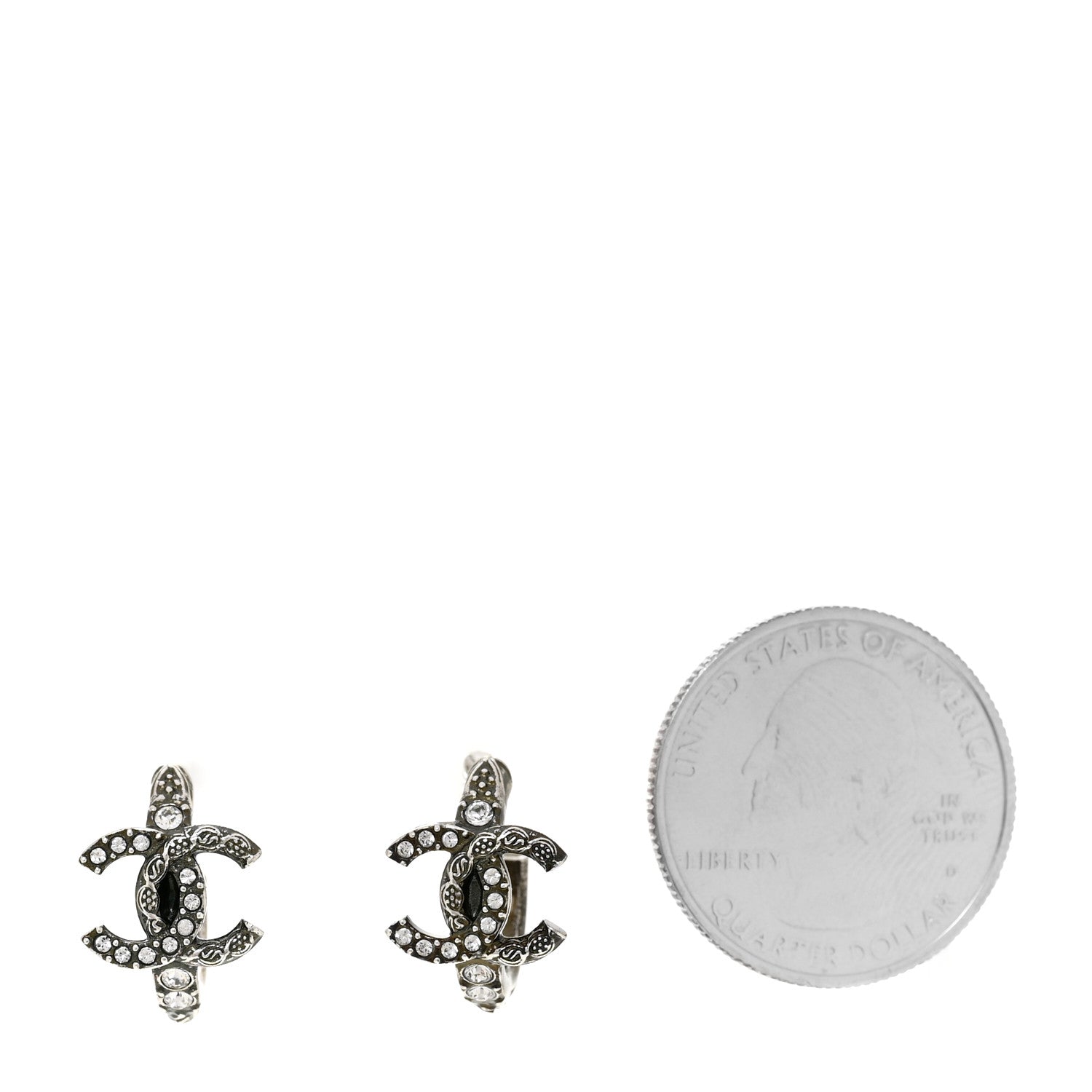 Chanel Metal Crystal CC Hoop Earrings Ruthenium 2 of 5