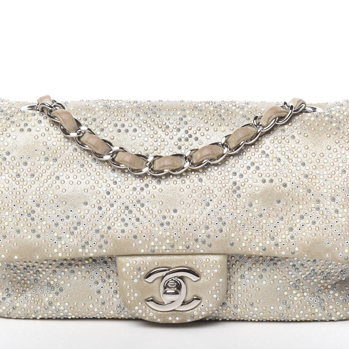 Iridescent Calfskin Studded Mini Flap Silver