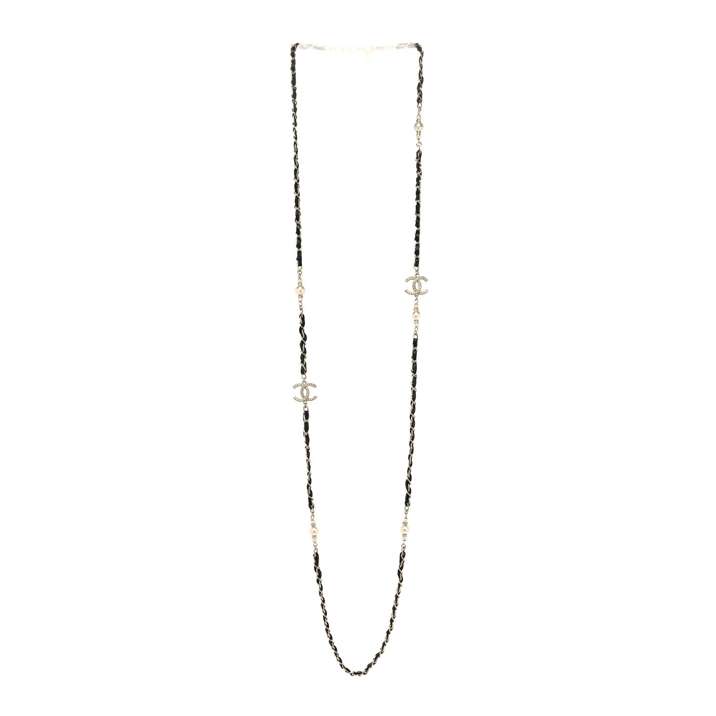 Lambskin Pearl CC Long Chain Necklace Black Gold
