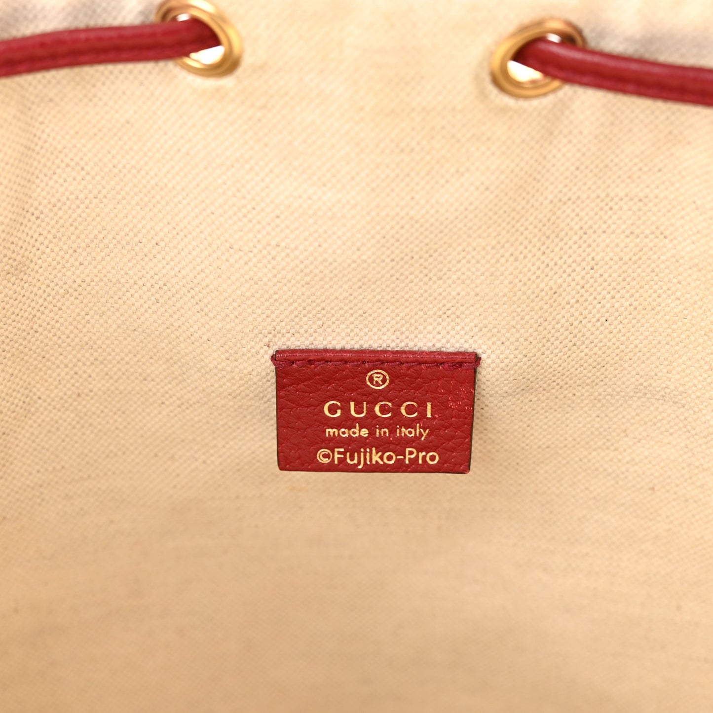 X DORAEMON Vintage GG Supreme Monogram Small Bucket Bag Beige Cherry Red