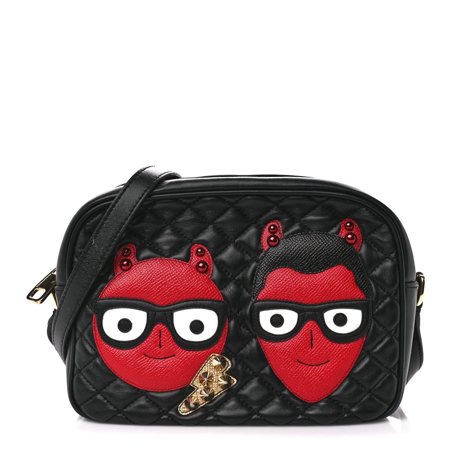 Lambskin Quilted Devil Patch Glam Crossbody Black