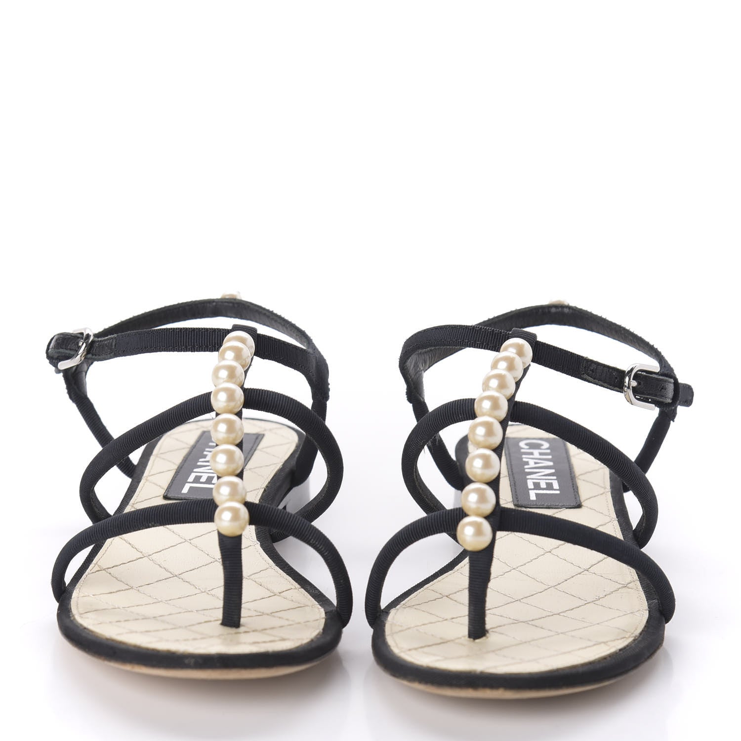 Chanel Grosgrain Pearl Sandals 35 Black 2 of 7