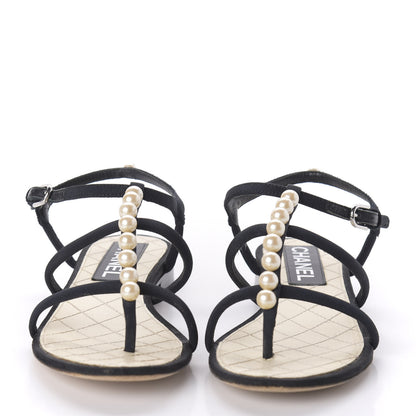 Chanel Grosgrain Pearl Sandals 35 Black 2 of 7