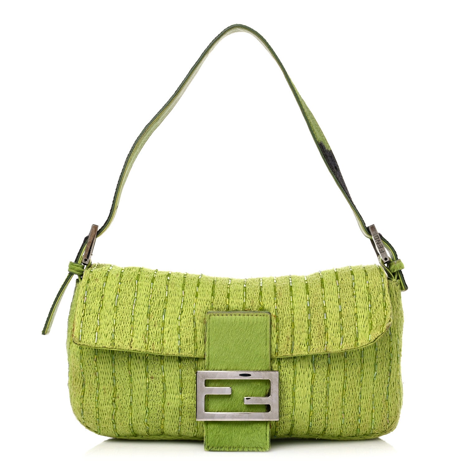 image of fendi Knit Calf Hair Beaded Baguette in the color Green by fashionphile