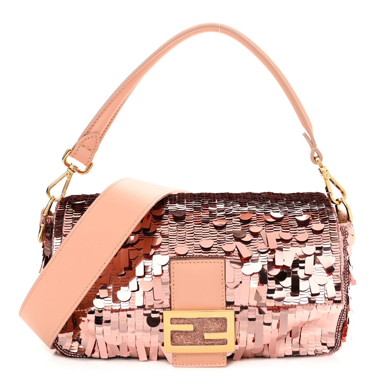 image of FENDI Sequin Pailettes Shiny Nappa Baguette in the color Baby Pink by fashionphile