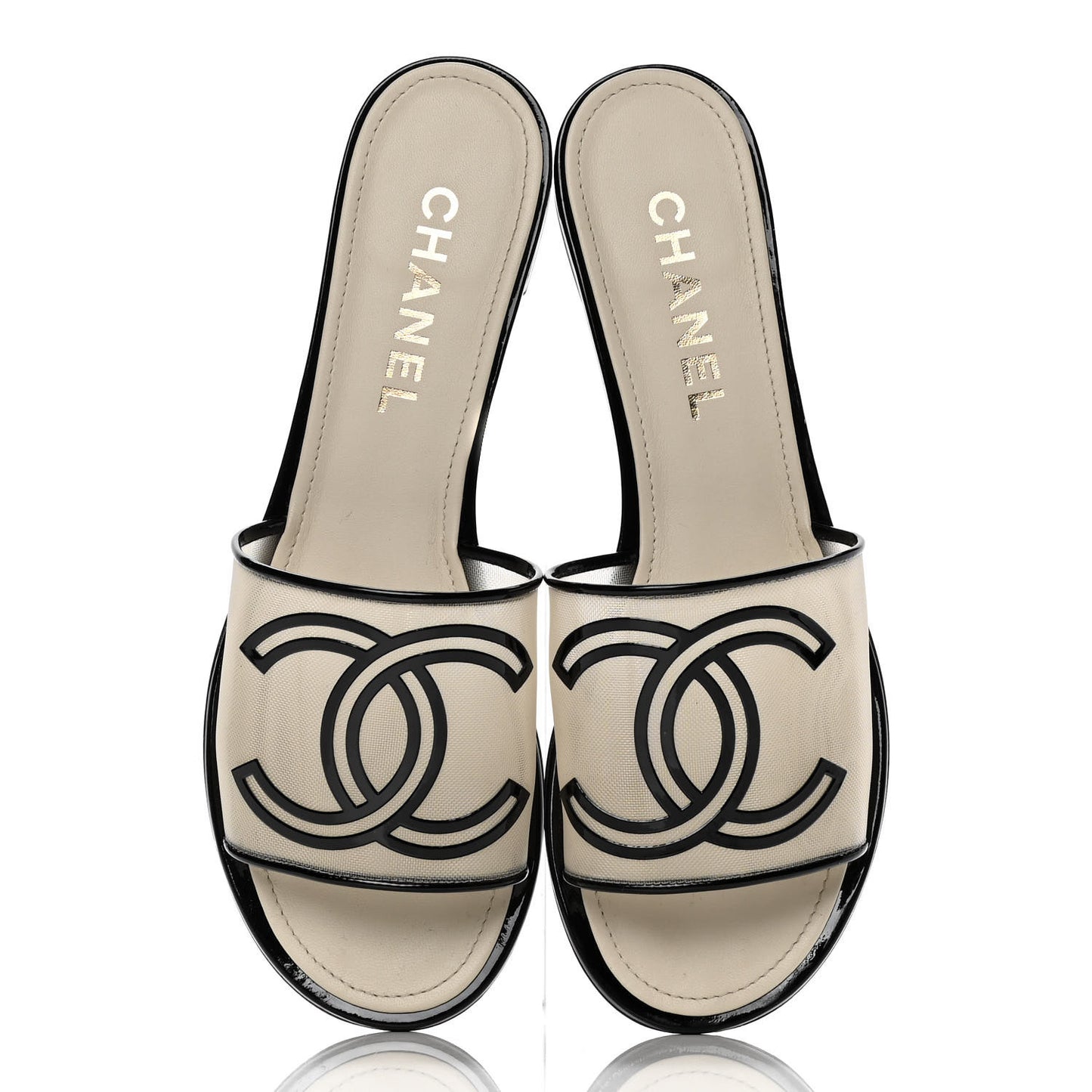 Mesh Patent Calfskin CC Sandal Mule 41 Beige Black
