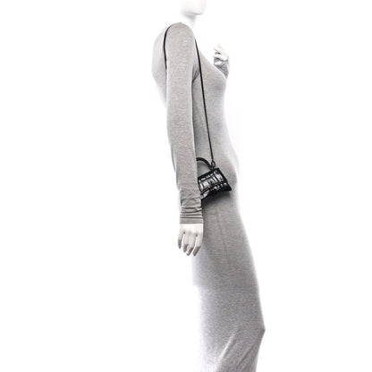 Balenciaga Shiny Calfskin Monochrome Crocodile Embossed Hourglass Top Handle Bag Mini with Chain Black 2 of 12