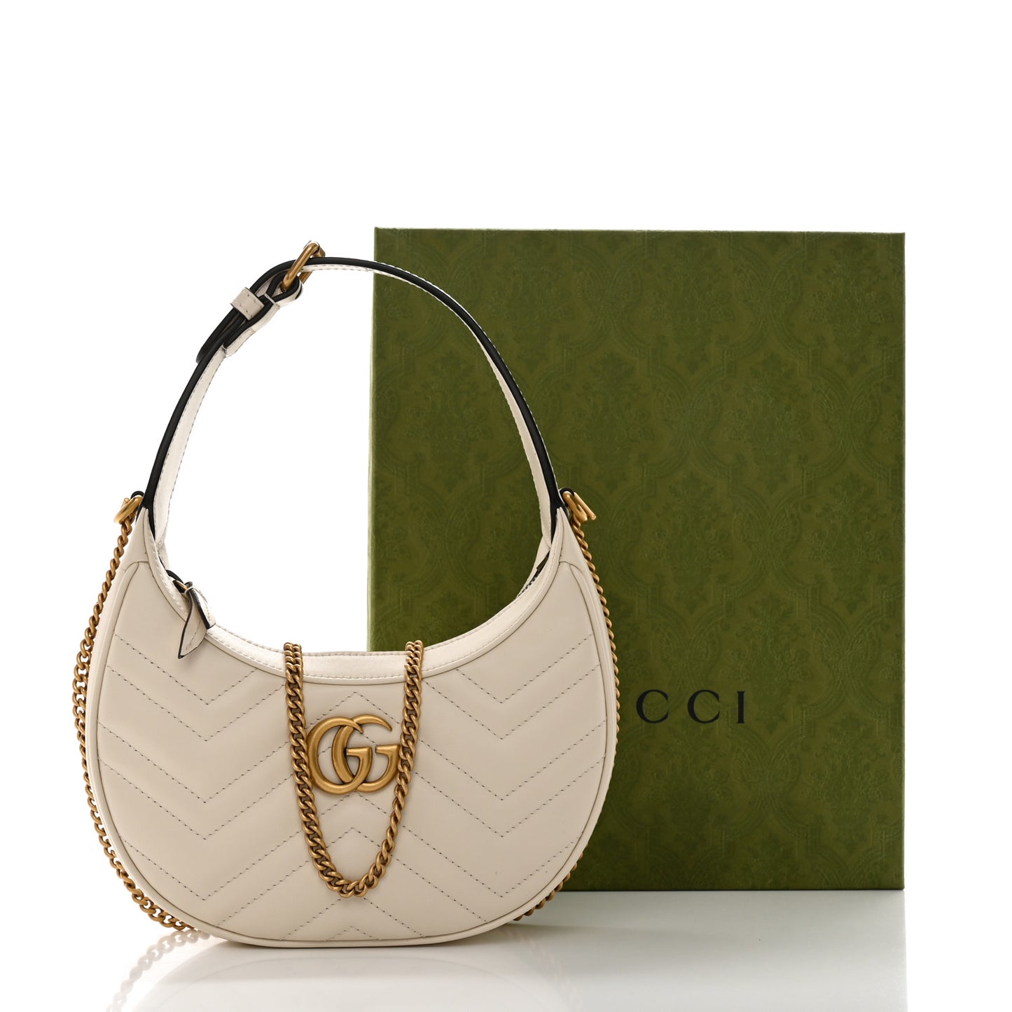 Calfskin Matelasse Chevron Mini GG Marmont Half Moon Hobo Mystic White