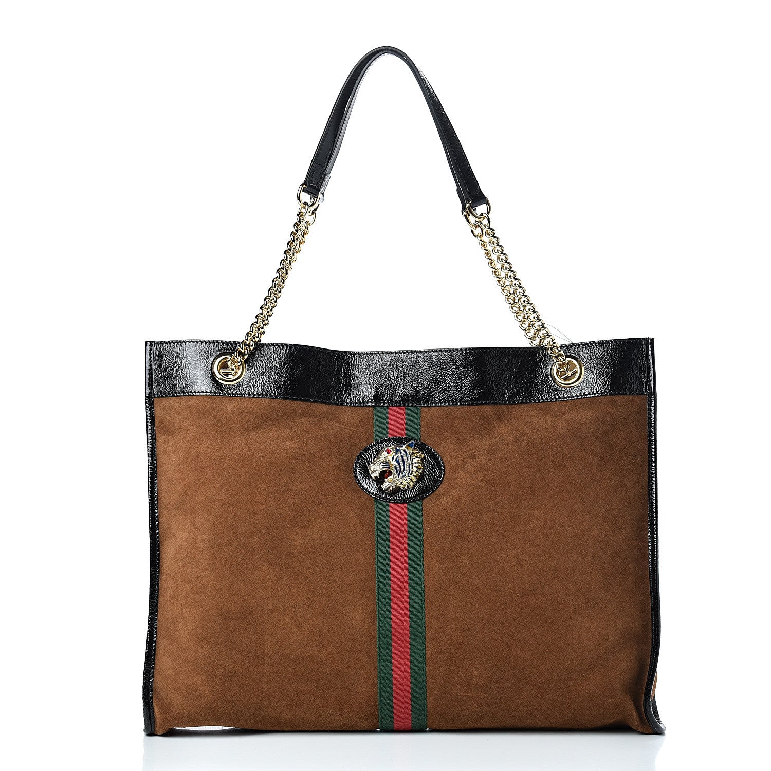 Gucci Suede Patent Large Rajah Chain Tote Nocciola Black 2 of 12