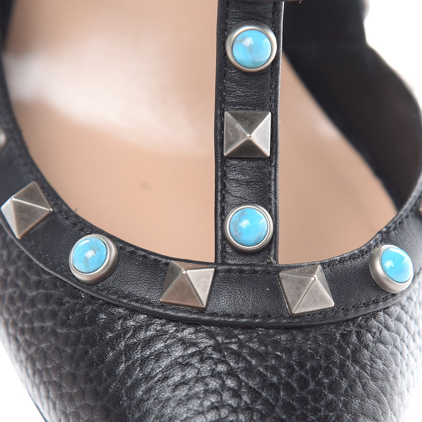 Pebbled Calfskin Turquoise Rockstud Rolling Ankle Strap 100mm Pumps 39.5 Black