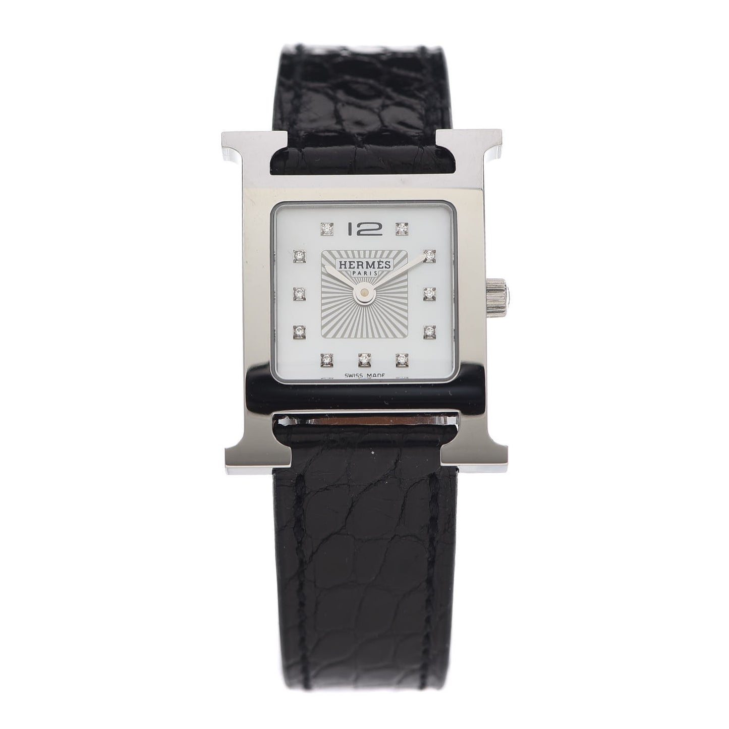 Stainless Steel Alligator Diamond Mother of Pearl 21mm Heure H Hour Quartz Watch Noir