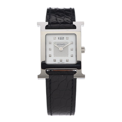 Hermes Stainless Steel Alligator Diamond Mother of Pearl 21mm Heure H Hour Quartz Watch Noir 1 of 5